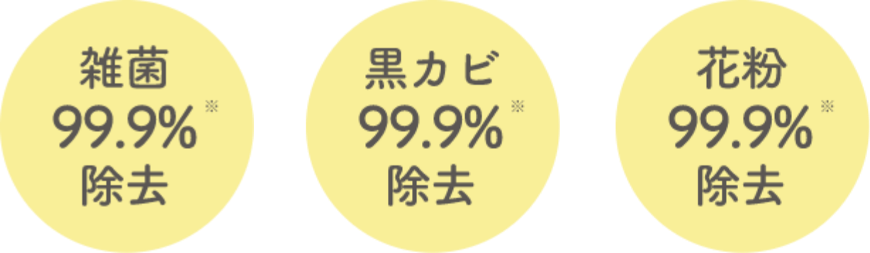 雑菌99.9%除去　黒カビ99.9%除去　花粉99.9%除去